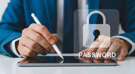 Person using stylus on tablet with password and padlock overlay for security concept image
