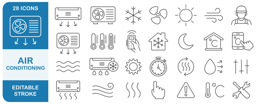 Air Conditioning editable stroke line icon symbol set. Air conditioner thin line icons collection. Air Conditioning outline icon pack. Vector illustration image. Isolated on white background.