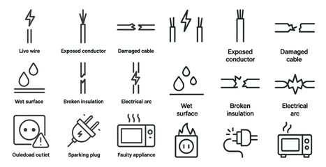 Electrical safety line icons set – outline, solid, hazard symbols and warning signs