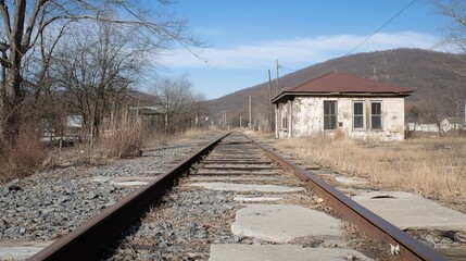 Obraz premium Abandoned train station, tracks extending into the distance