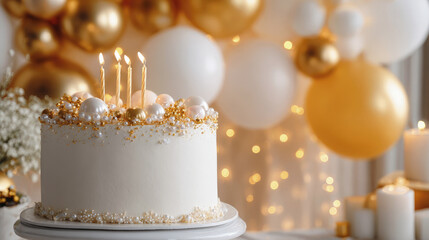 Elegant birthday cake with gold candles and pearl decorations surrounded by festive white and gold balloons and soft candlelight for a luxury celebration.