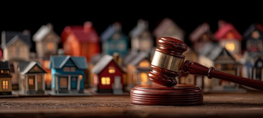 The gavel rests prominently in front of colorful miniature houses representing real estate law.