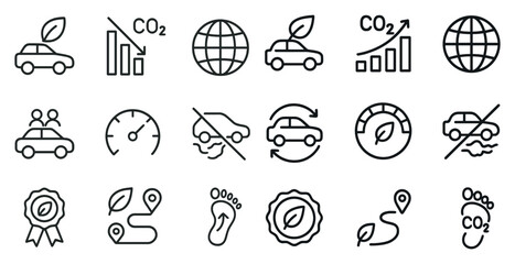 Eco-friendly transportation outline icons set – flat, linear, green travel symbols