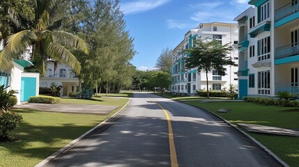 Fototapeta premium Winding road through tropical resort area, with apartment buildings and lush greenery