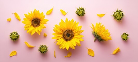 The vibrant arrangement of sunflowers against a soft pink background
