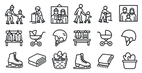 Fototapeta premium Winter family outline icons set – snowy, skating, holiday symbols