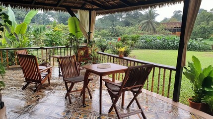 Obraz premium Wooden patio with lush garden view