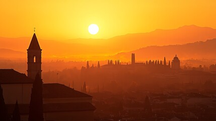 Fototapeta premium Golden sunrise silhouettes city