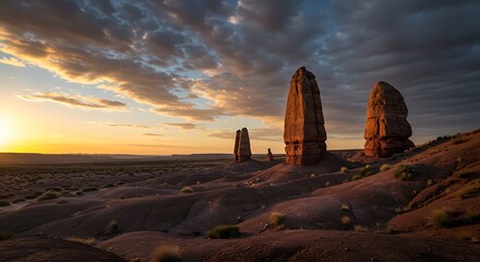 Cloudy sunset with long rock spires under glowing twilight sky in arid region