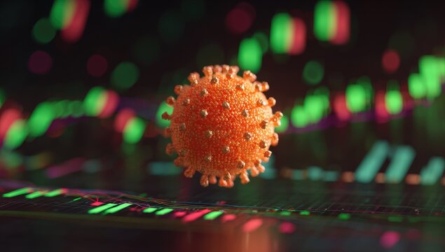 3D virus graphic with financial data overlay - Powered by Adobe