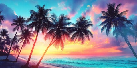 Beautiful tropical beach scenery at sunset, with silhouettes of palm trees, vivid colors, and soft ocean waves under a colorful sky.