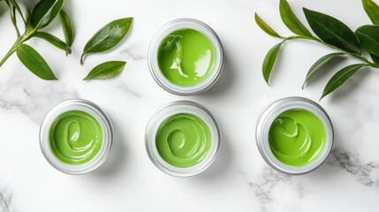 Obraz premium Natural skincare jars infused with green tea on marble surface 