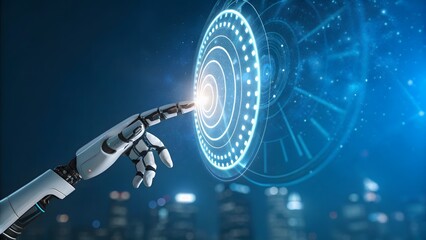 Robotic Interface: Futuristic robotic hand interacts with a glowing digital interface, symbolizing technology, innovation, and the future of AI.