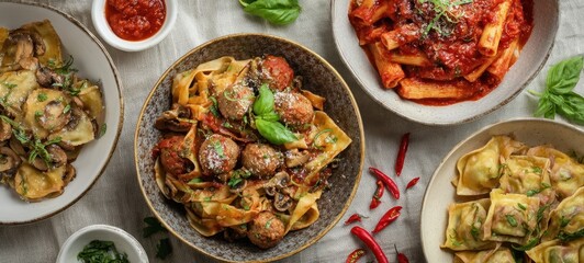 The Delicious Array of Pasta Dishes on a Rustic Dining Table