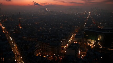 Fototapeta premium Parisian cityscape at twilight, shrouded in haze