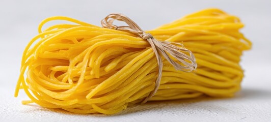The vibrant bundle of uncooked yellow pasta ready for delicious meals.