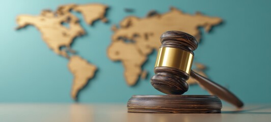 The gavel symbolizing justice and global legal authority on a world map background.