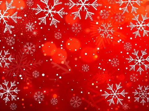 Fototapeta Radiant Red Snowfall Christmas Background with Glowing Snowflakes