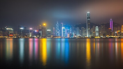 Fototapeta premium Hong Kong skyline at night, city lights reflecting on water