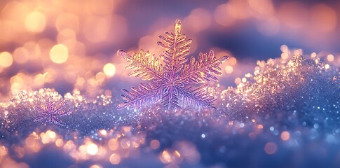 Intricate snowflake resting on sparkling snow with soft bokeh lights winter crystal