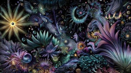 Colorful Abstract Bioluminescent Deep Sea Ecosystem