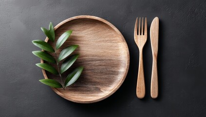 A simple, earthy presentation is achieved with a wooden plate, fork, knife, apple, and green leaves placed on a dark stone base, evoking an organic feel