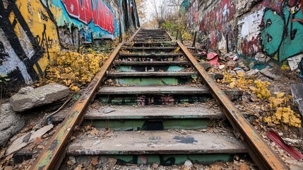 Graffiti-covered, rusted metal stairs ascend through urban decay