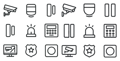 Security and surveillance line icons set – outline, safety, monitoring visuals
