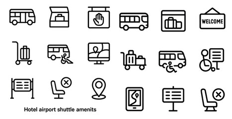 Fototapeta premium Hotel and travel outline icons set – linear, luggage, airport shuttle symbols