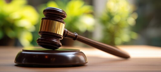 The gavel resting on a legal desk with lush green plants in background.