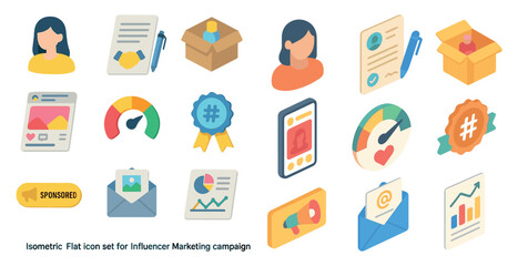 Influencer marketing flat icons set – colorful, 3d, social media tools and symbols