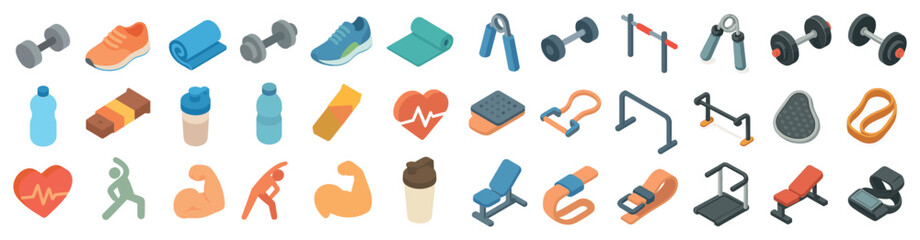Fitness and exercise 3d icons set – workout, gym, healthy living symbols