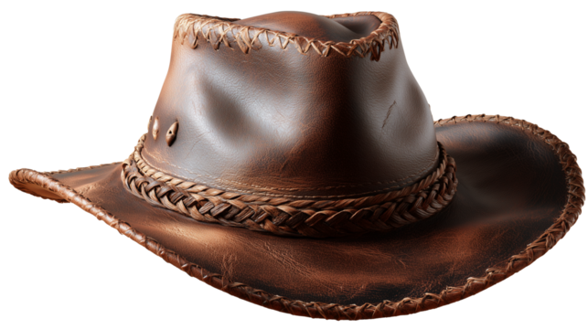 Classic brown cowboy hat with detailed leather braiding perfect for western lifestyle imagery on transparent background