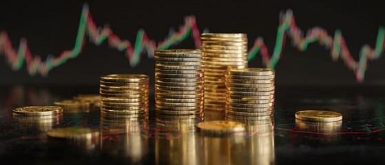 The stacks of gold coins against a backdrop of financial market trends.