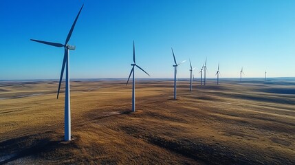 Wind turbines line a vast, brown, open plain under a clear blue sky