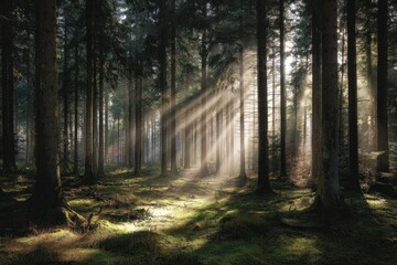 Obraz premium Sunlight streams through a dense forest
