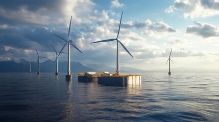 Floating wind turbines on a tranquil sea, with dramatic clouds and distant mountains