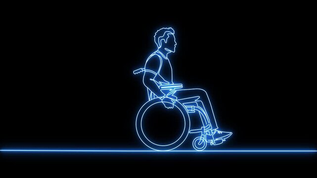 glowing Continuous of senior man in wheelchair graphic animation. black background motion design.