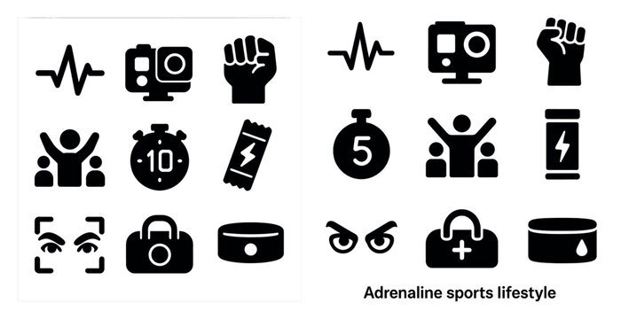 Adrenaline sports solid icons set – silhouette, action, extreme adventure symbols