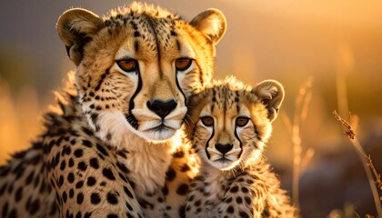 Golden Hour Cheetahs: A Mother's Embrace in the African Savanna