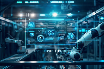 Obraz premium スマート工場で制御パネルを操作する産業用ロボットアームの作業風景