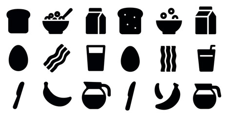 Breakfast silhouette icons set – solid, filled, morning meal and kitchen essentials