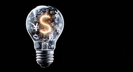 The illuminated light bulb housing a brain is circled by currency symbols, symbolizing clever financial notions, resourcefulness and sagacity in handling money