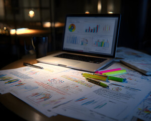 Work Desk with Data Chart on Laptop, Journal, and Colorful Pens – Productivity Concept