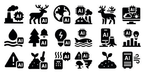 Environmental and technology solid icons set &ndash; nature, ai, sustainability symbols