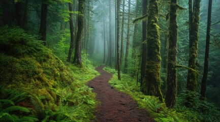 Misty forest path winds through lush greenery