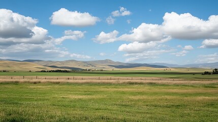 Naklejka premium Vast grassy plains, gentle hills, clear sky, puffy clouds