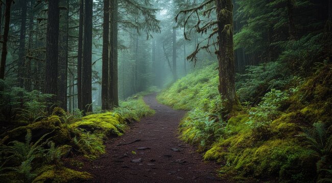 Misty forest path winding through lush greenery (4)