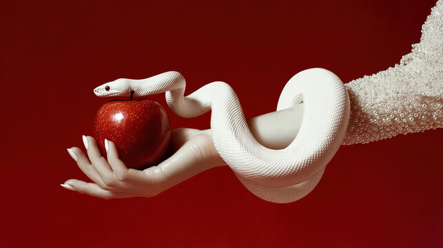 White snake coiled around hand holding red apple against crimson background, symbolizing temptation, danger and beauty in surreal, dramatic composition.