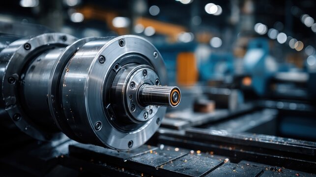 Close-up view of industrial lathe showcasing precision engineering and manufacturing